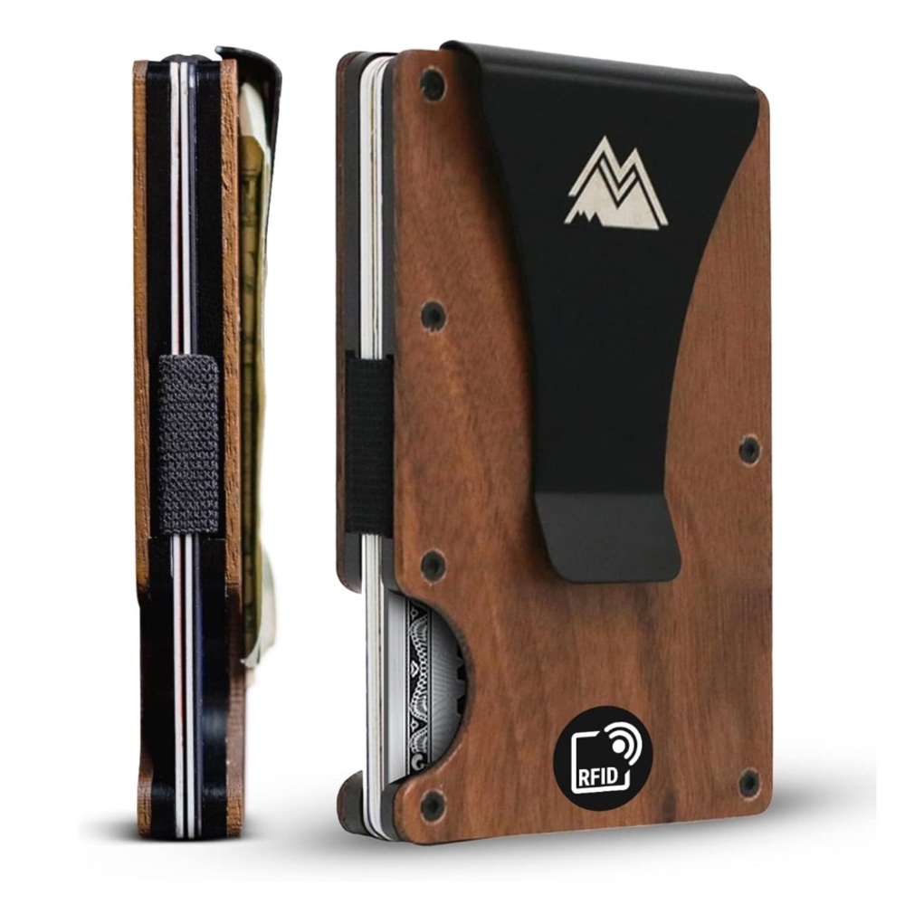 Mountain Voyage Minimalist Wallet for Men & Women with Money Clip Walnut Wood